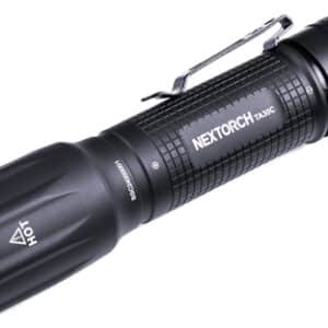 Black tactical flashlight with clip