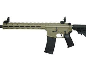 Tactical semi-automatic rifle with black and tan design.