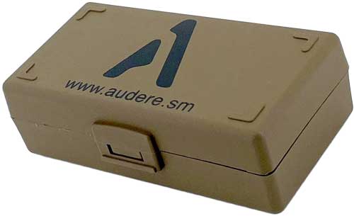 ts0001 pkg.jpg Tan box with Audere logo and website URL.