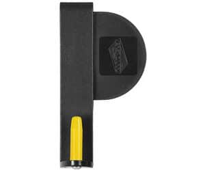 Black plastic tool with yellow grip handle.