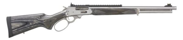 Lever-action rifle with wooden stock and metal barrel.