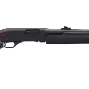 Black tactical pump-action shotgun side view.