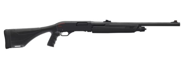 Black tactical pump-action shotgun side view.