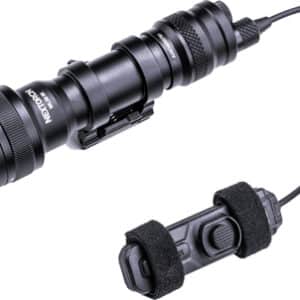 Tactical flashlight with remote pressure switch cable.
