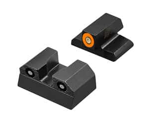 Black handgun night sights with orange accent