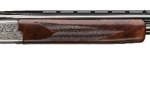 Side view of double-barrel shotgun on white background.