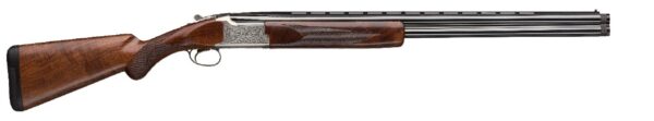 Side view of double-barrel shotgun on white background.