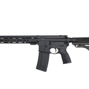 Black semi-automatic rifle on white background.