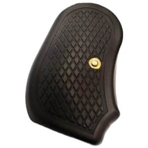 Textured black rubber recoil pad with brass detail.