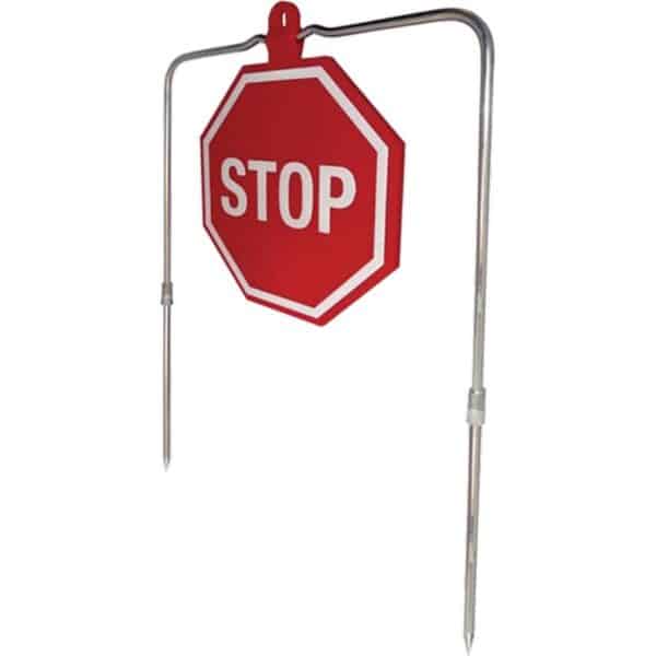 Portable stop sign with metal stakes.