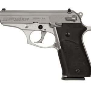 Silver handgun with black grip on white background.