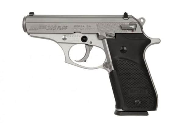 Silver handgun with black grip on white background.