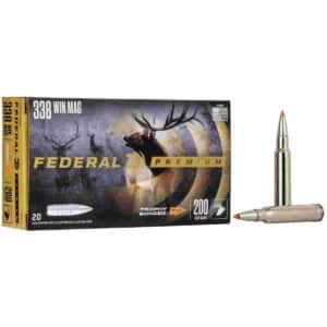 Federal Premium 338 Win Mag ammunition box with bullets