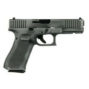 Black handgun side view on white background.