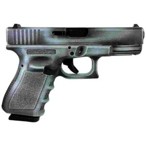 Side view of a handgun on white background.