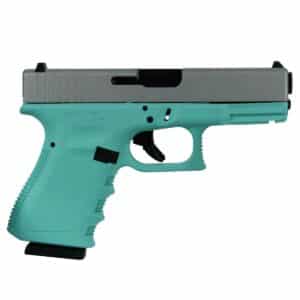 Teal and silver handgun side view