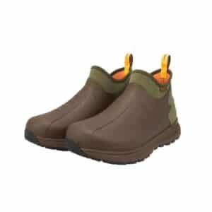 Brown waterproof boots with orange interior.