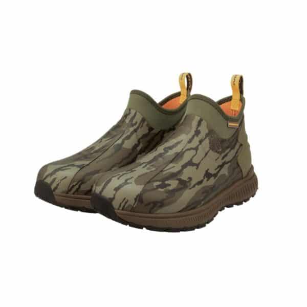 Camouflage waterproof boots with pull tabs.