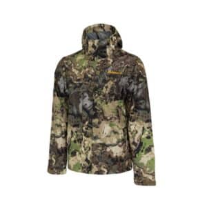 Camo waterproof jacket with hood for outdoor activities.