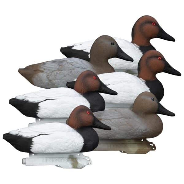 Four canvasback duck decoys in a row.