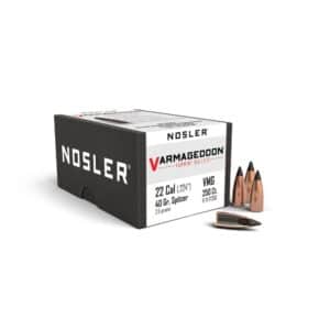 Nosler Varmageddon 22 Caliber ammunition box and bullets