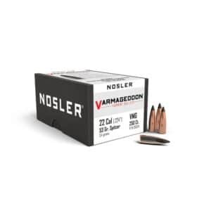 Nosler Varmageddon bullets box, 22 caliber.