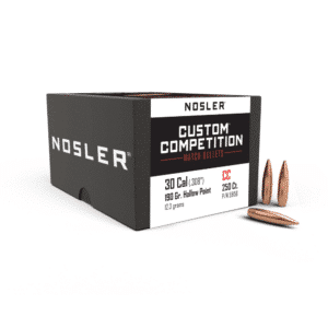 Nosler custom competition bullets box and three bullets