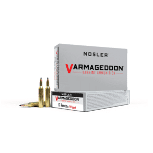 Nosler Varmageddon varmint ammunition box and bullets.