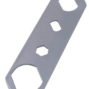 Multi-use metal spanner tool with multiple shapes.