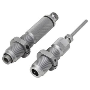 Two precision metal reloading dies in silver color.