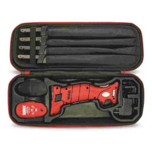 Red handheld electric knife in case with accessories.