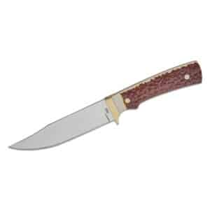 Fixed blade hunting knife with wooden handle.
