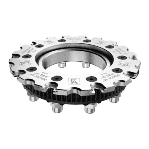 Silver metal industrial component with gear teeth.