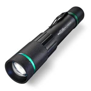 Black tactical flashlight with textured grip
