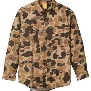 Brown camouflage long-sleeve shirt with button pockets.