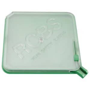 Green RCBS powder funnel pan with safety message