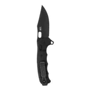 Tactical folding knife with black blade and clip.