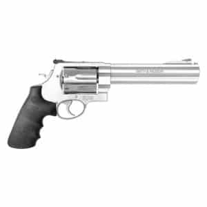 Silver revolver with black grip, Smith & Wesson.