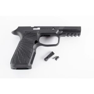 Black handgun frame with parts on white background.