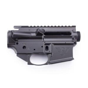 Black rifle lower receiver on white background.