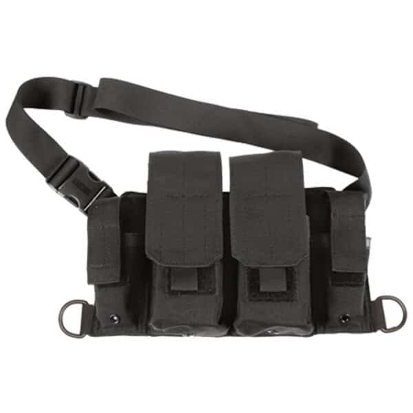 Black tactical chest rig with pouches and strap