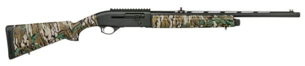Camo-patterned hunting shotgun, side view.