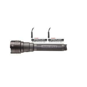 Tactical flashlight with two rechargeable batteries.