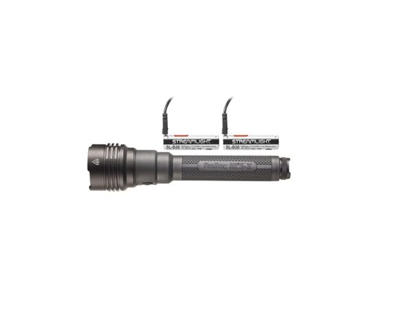 Tactical flashlight with two rechargeable batteries.