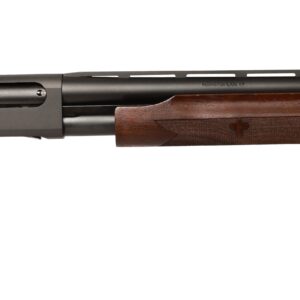 Brown and black pump-action shotgun side view.