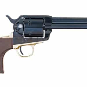Single-action revolver with wooden grip and black barrel.