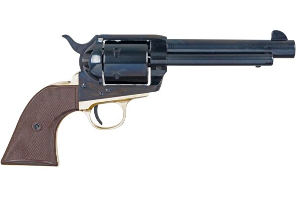 Single-action revolver with wooden grip and black barrel.