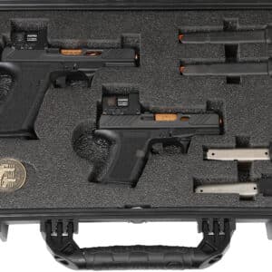 Carrying case with two handguns and accessories.