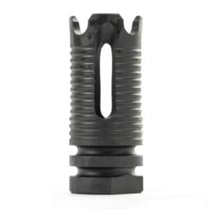 Black tactical muzzle brake on white background