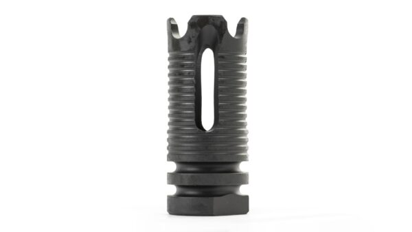Black tactical muzzle brake on white background